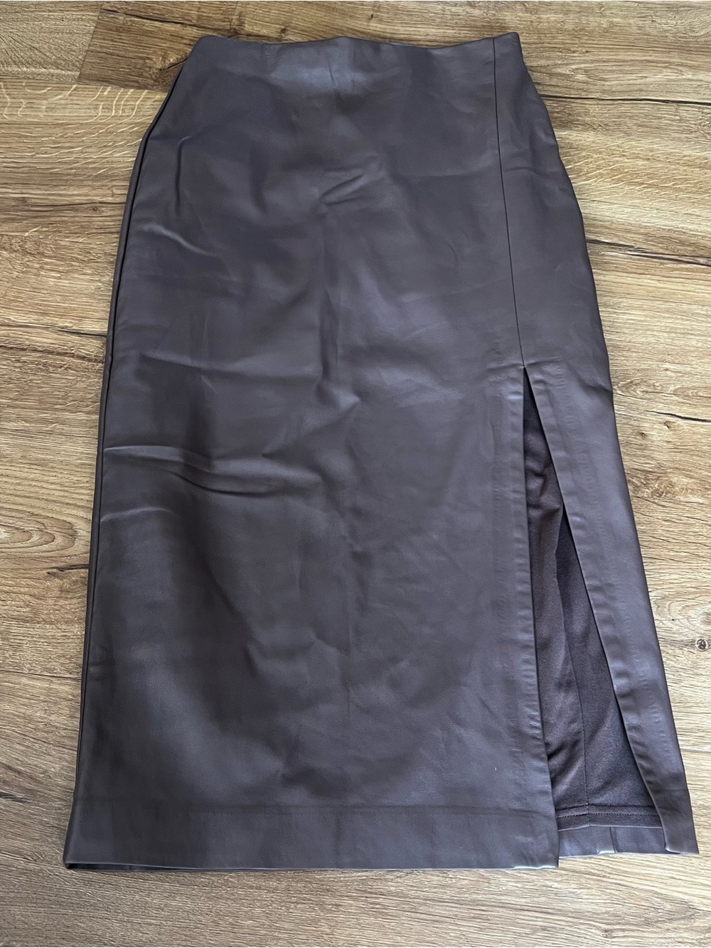 Express Chocolate Brown Faux Leather Midi Skirt with Side Slit